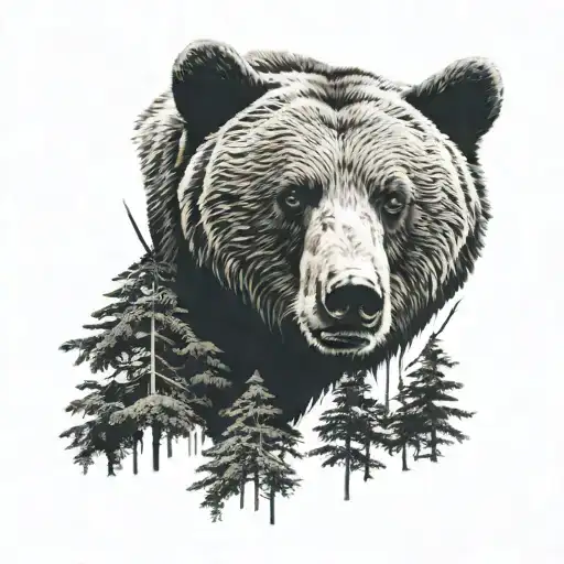 half a bear's face in the forest tattoo design idea