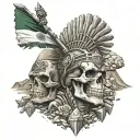 realistic tall skull aztec warrior in battle surrounded by rubble and remains of pyramids waving Mexican flag on pole tattoo design idea
