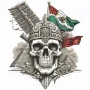 realistic tall skull aztec warrior in battle surrounded by rubble and remains of pyramids waving Mexican flag on pole tattoo design idea