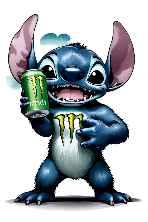Disney stitch with ohana whilst holding a monster energy can realistic black and white tattoo design idea