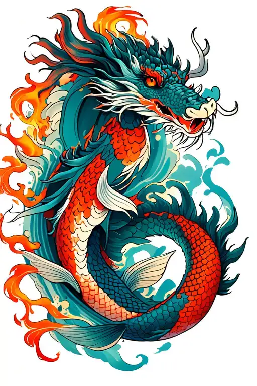 koi and dragon breathing fire tattoo design idea
