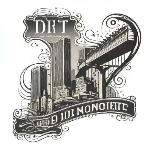 Abstract interpretation of sheet music with elements of the Detroit skyline and a 7 mile street sign tattoo design idea