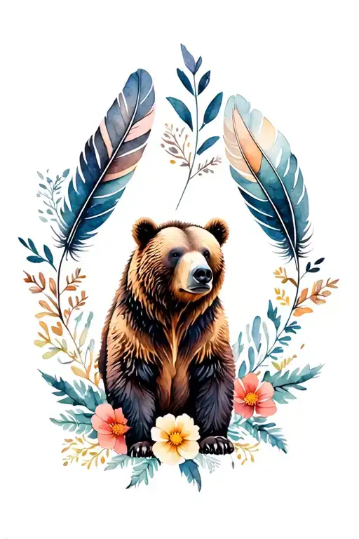 grizzly bear with feathers and flowers intertwined tattoo design idea