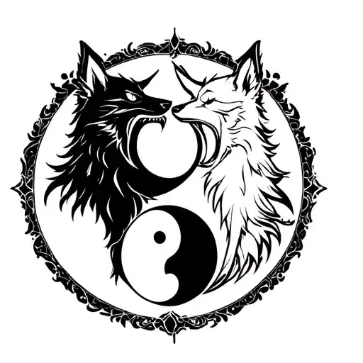 Geminis in the back of the wolf angry with Yin and Yang tattoo design idea
