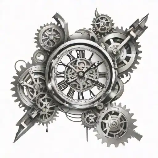 clock with music letters and industrial gear integrated tattoo design idea