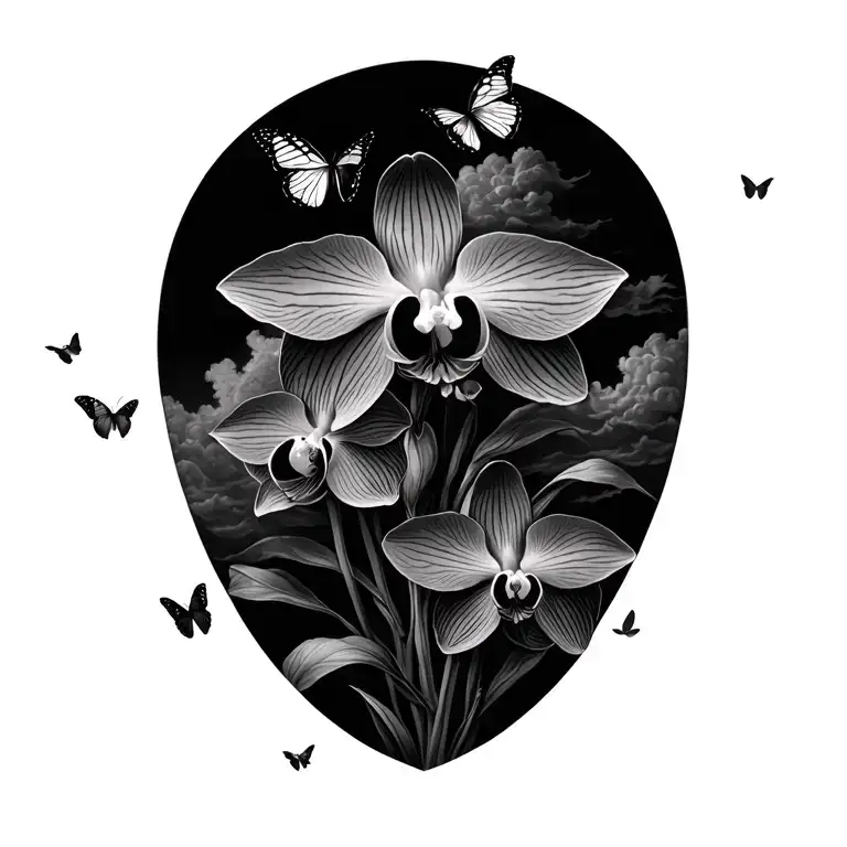 orchids; birth and death dates ; black butterflies flying into clouds tattoo design idea