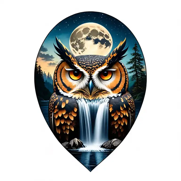 Help me to create a tattoo of a half -face owl with a waterfall and the background moon tattoo design idea