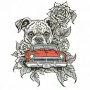 red 67 nova car and boxer docked tail floppy ears with roses and sunflowers tattoo design idea