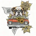 red 67 nova car and boxer docked tail floppy ears with roses and sunflowers tattoo design idea