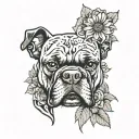 red 67 nova car and boxer docked tail floppy ears with roses and sunflowers tattoo design idea