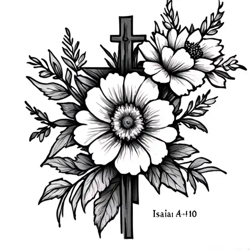 make me a small christian tatoo with the scripture Isaiah 41:10, and somehow putting the January birth flower on a cross tattoo design idea
