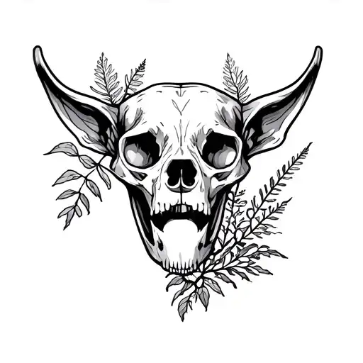 Design me a partial sleeve tattoo in a minimalist line art style of a realistic canine skull and Alaskan plants growing  tattoo design idea
