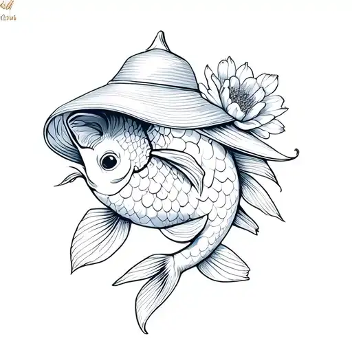 koi fish with a hat and a flower tattoo design idea