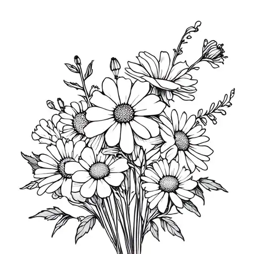 Larkspur And Marigold and rose and daisy bouquet tattoo design idea