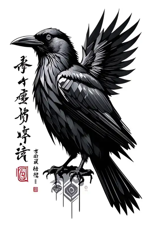 geometric style tattoo of a crow (realistic), Lu (Chinese symbol) and the writing "discipline" in vertical tattoo design idea