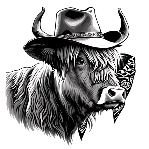 highland cow wearing cowboy hat and bandana tattoo design idea