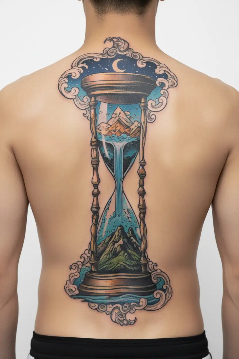 hourglass with stars on top half fading into mountains on bottom half tattoo design idea