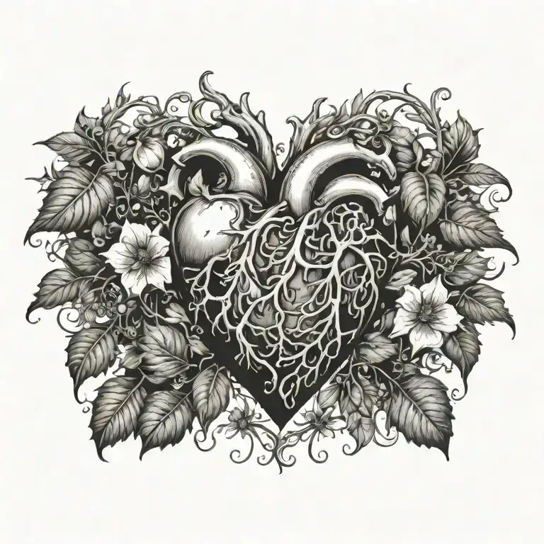 realistic heart surrounded by poisonous plants intertwined tattoo design idea
