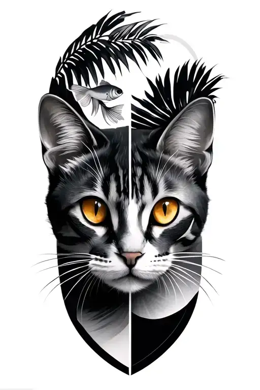 half cat face, gold fish, palm tree, geometric design tattoo design idea