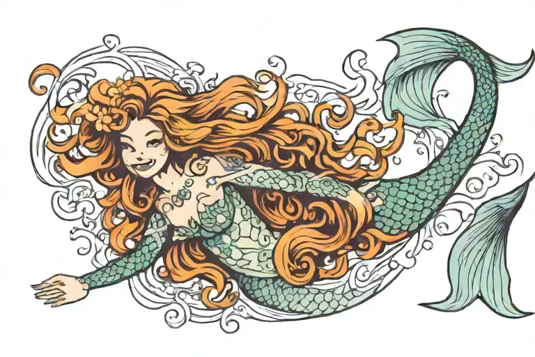 a beautiful smiling mermaid swimming. her hair and tail are made of daffodils chrysanthemums larkspur  tattoo design idea