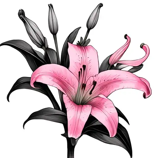 2 pink lilies. One is directed a little in the side, the other looks straight. There are no leaves. Only a flower. tattoo design idea