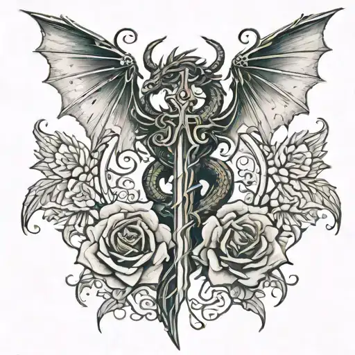 Black and grey dragon with wings rose and sword Forearm tattoo   tattoo design idea