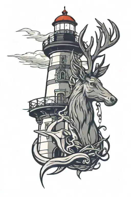 lighthouse background with an anchor underneath. a stag head in front of lighthouse  tattoo design idea