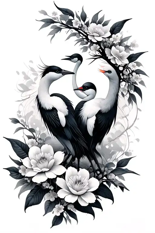 twin cranes with flowers tattoo design idea