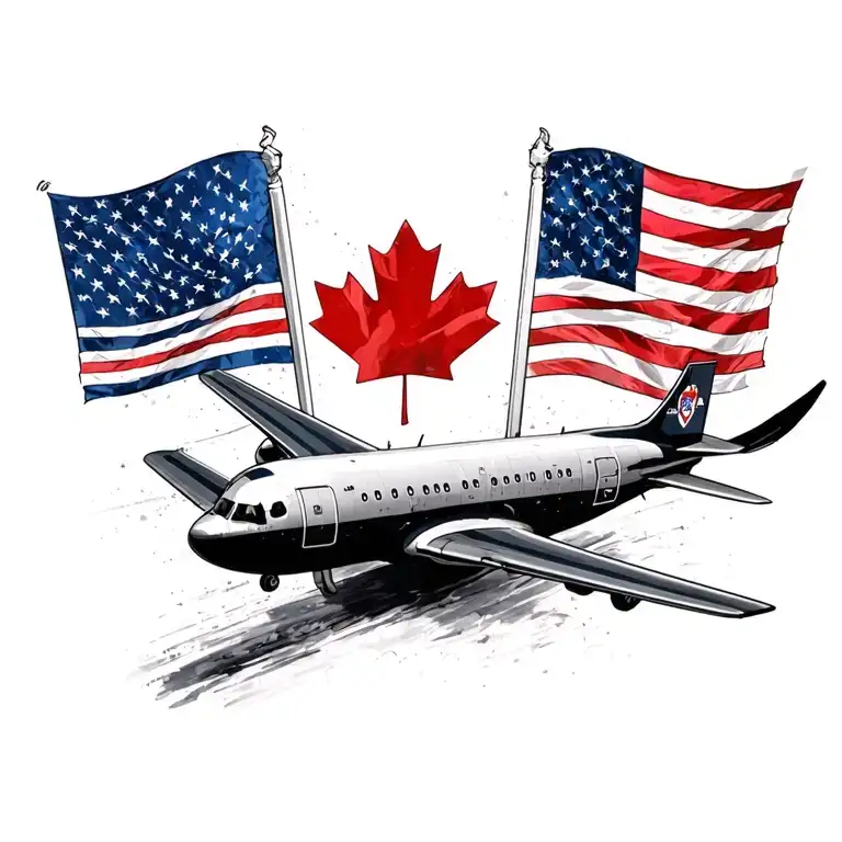 airplane with Canadian and American flag tattoo design idea