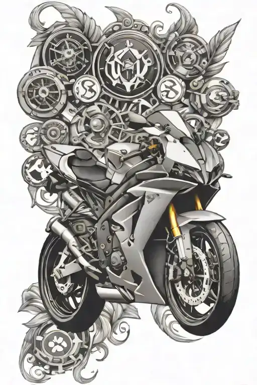 An intricate tattoo design combining elements of your favorite things - a Yamaha R6 motorcycle, gym equipment, and gambling symbols, to represent the different facets of your life and interests tattoo design idea