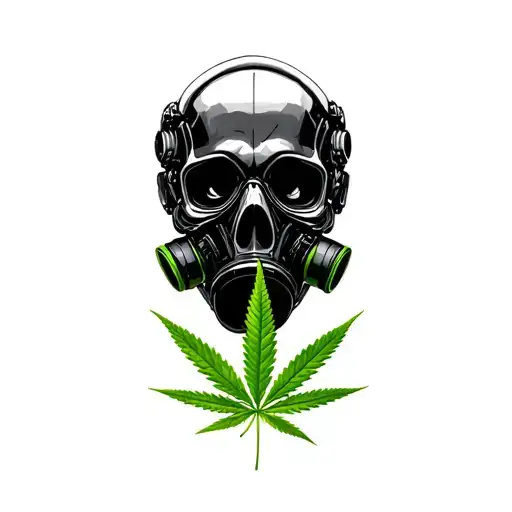 composition black skull robot with a gas mask, in the background a leaf of marijuana in black and white color tattoo design idea