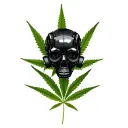 composition black skull robot with a gas mask, in the background a leaf of marijuana in black and white color tattoo design idea