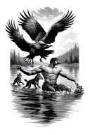 man drowning in river running raven sitting on his hand coyotes running after the raven tattoo design idea