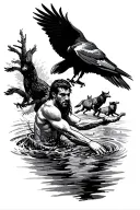 man drowning in river running raven sitting on his hand coyotes running after the raven tattoo design idea