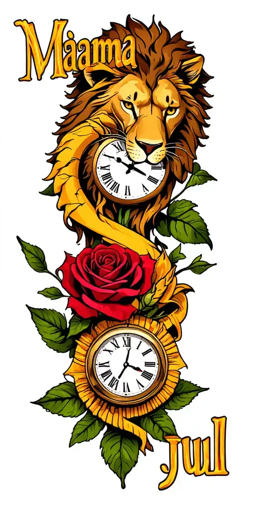 "Mama juul" a rose intertwined, a clock melting, a lion head tattoo design idea
