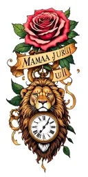 "Mama juul" a rose intertwined, a clock melting, a lion head tattoo design idea