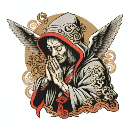 hooded angel praying, third eye symbol integrated, 1111   tattoo design idea