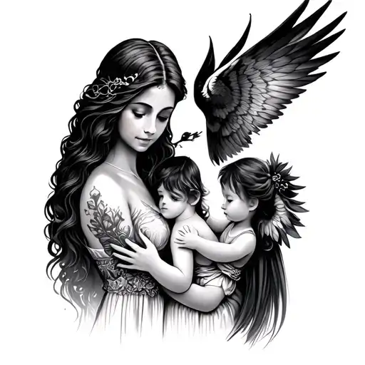 mama con hija con alas e hijo menor tattoo design idea