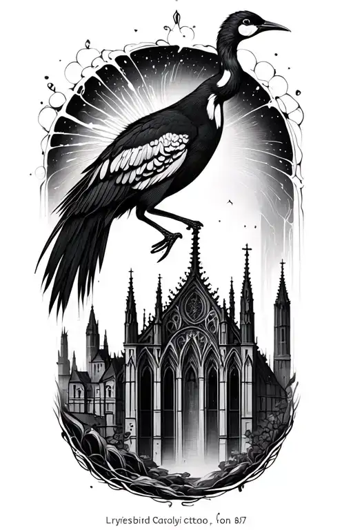 Lyrebird and a liquid inverted gothic cathedral skyline tattoo design idea