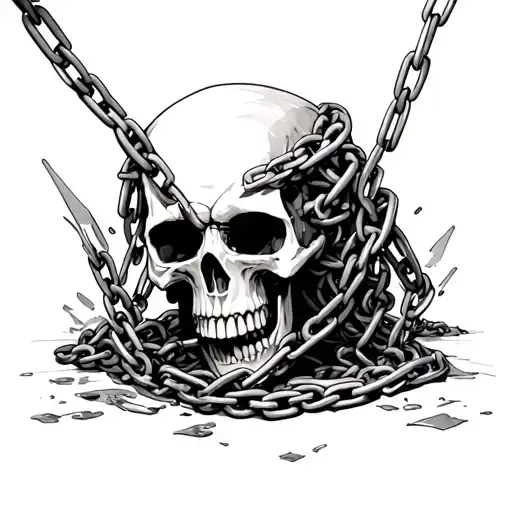 skull wrapped in chains and biting on the chains and the chains are breaking from the bites forming tattoo design idea