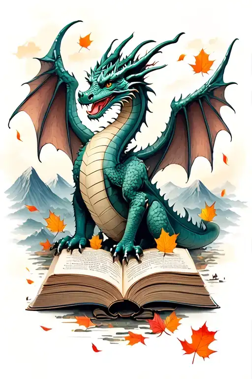 Dragon with wings, with mountains in the background, with falling leaves and everything coming out of a book. Fine line and realism tattoo design idea