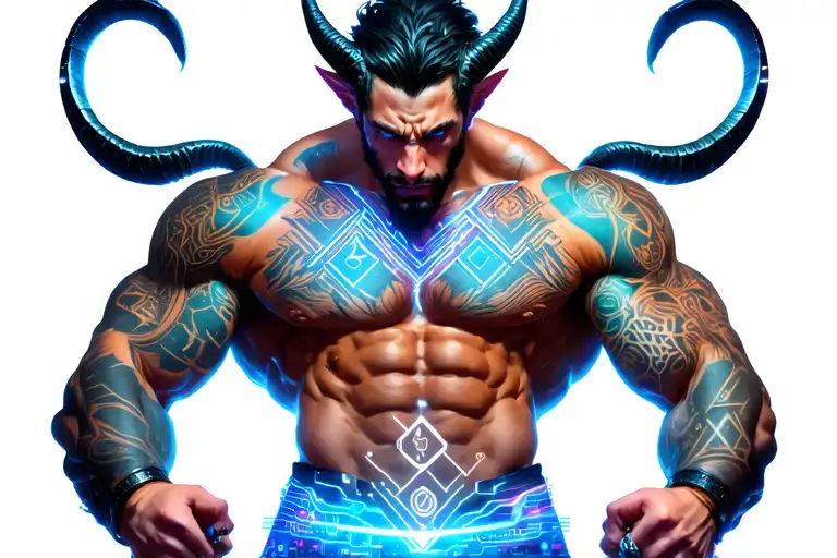 gay male horned satyr with massive bodybuilder muscles, animal companions, fisting tattoo, nipple rings, leather tattoo design idea