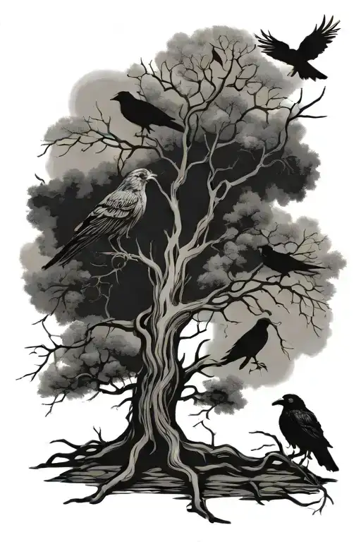 poisonous tree with crows tattoo design idea
