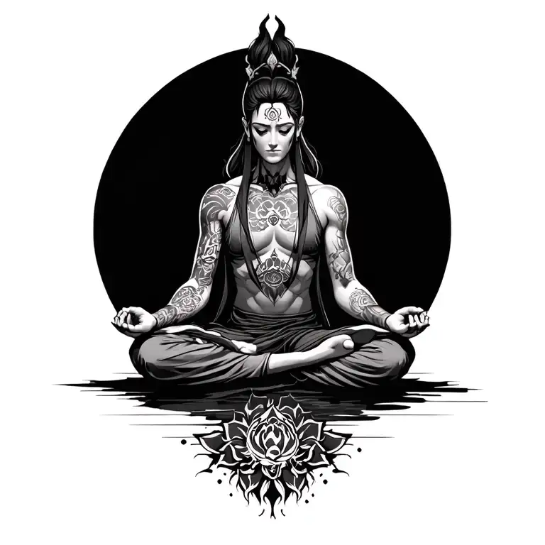 Realistic powerful warrior with tattoo sitting in meditation. Tattoo with great detail and fine lines tattoo design idea