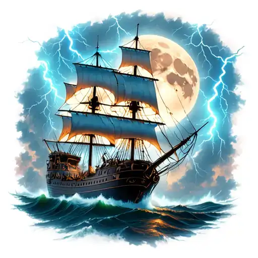 pirate ship, full moon, raging storm, lightning bolts tattoo design idea
