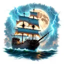 pirate ship, full moon, raging storm, lightning bolts tattoo design idea