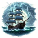 pirate ship, full moon, raging storm, lightning bolts tattoo design idea