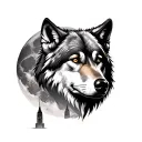 Wolf with the moon in background. Incorporate Empire State building inside the moon. Also add Trees where they fit. tattoo design idea