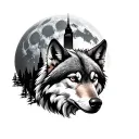 Wolf with the moon in background. Incorporate Empire State building inside the moon. Also add Trees where they fit. tattoo design idea