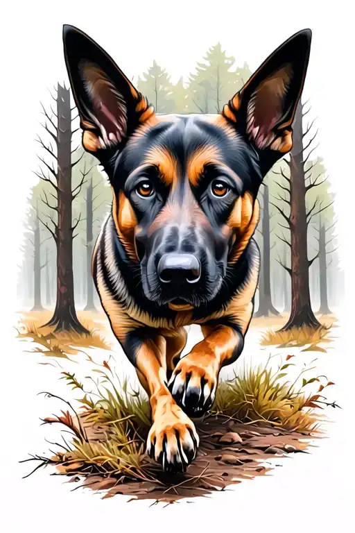 belgian malinois running away through the woods sniffing the ground tattoo design idea